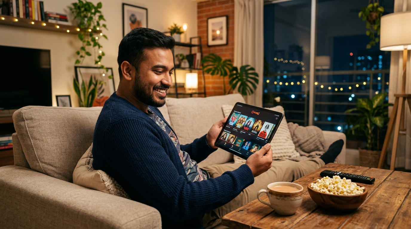Young Bangladeshi man requesting movie on tablet from cozy living room sofa