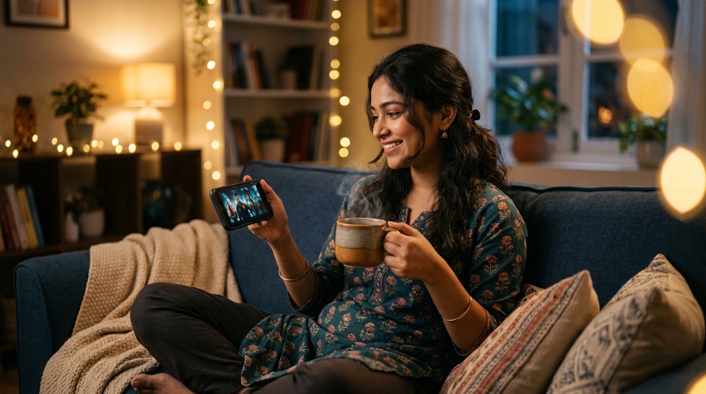Cute young Bangladeshi woman watching movie on her phone while holding and sipping warm coffee on a cozy sofa