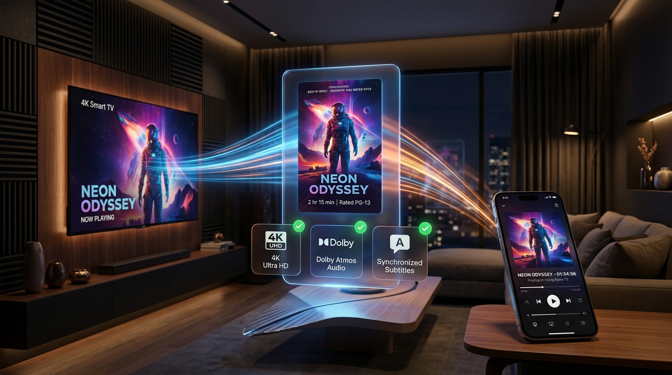 Chill Pill Engine automatically preparing 4K Ultra HD video, Dolby Atmos audio, and synchronized subtitles streaming directly to TV and phone