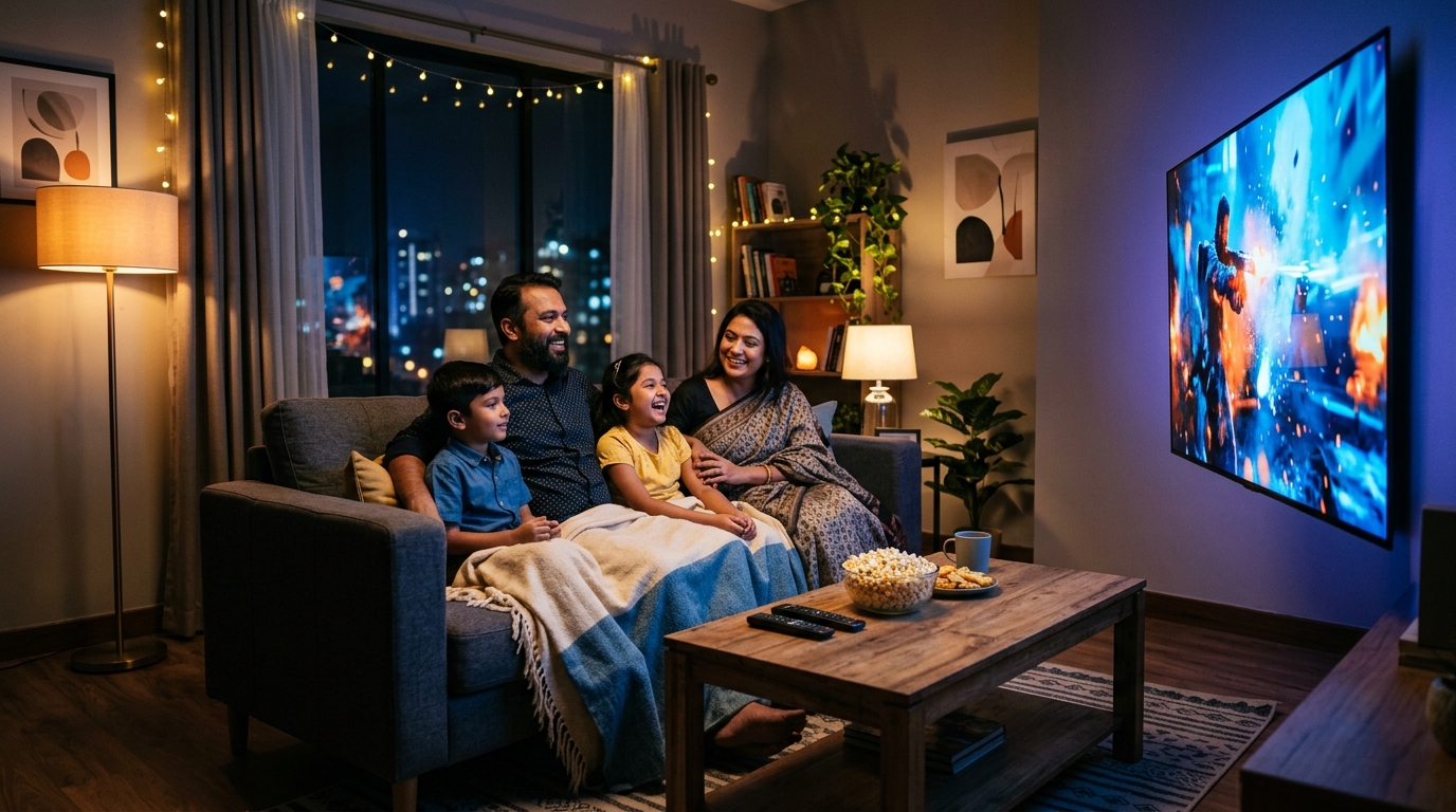 Bangladeshi family enjoying movie together in living room